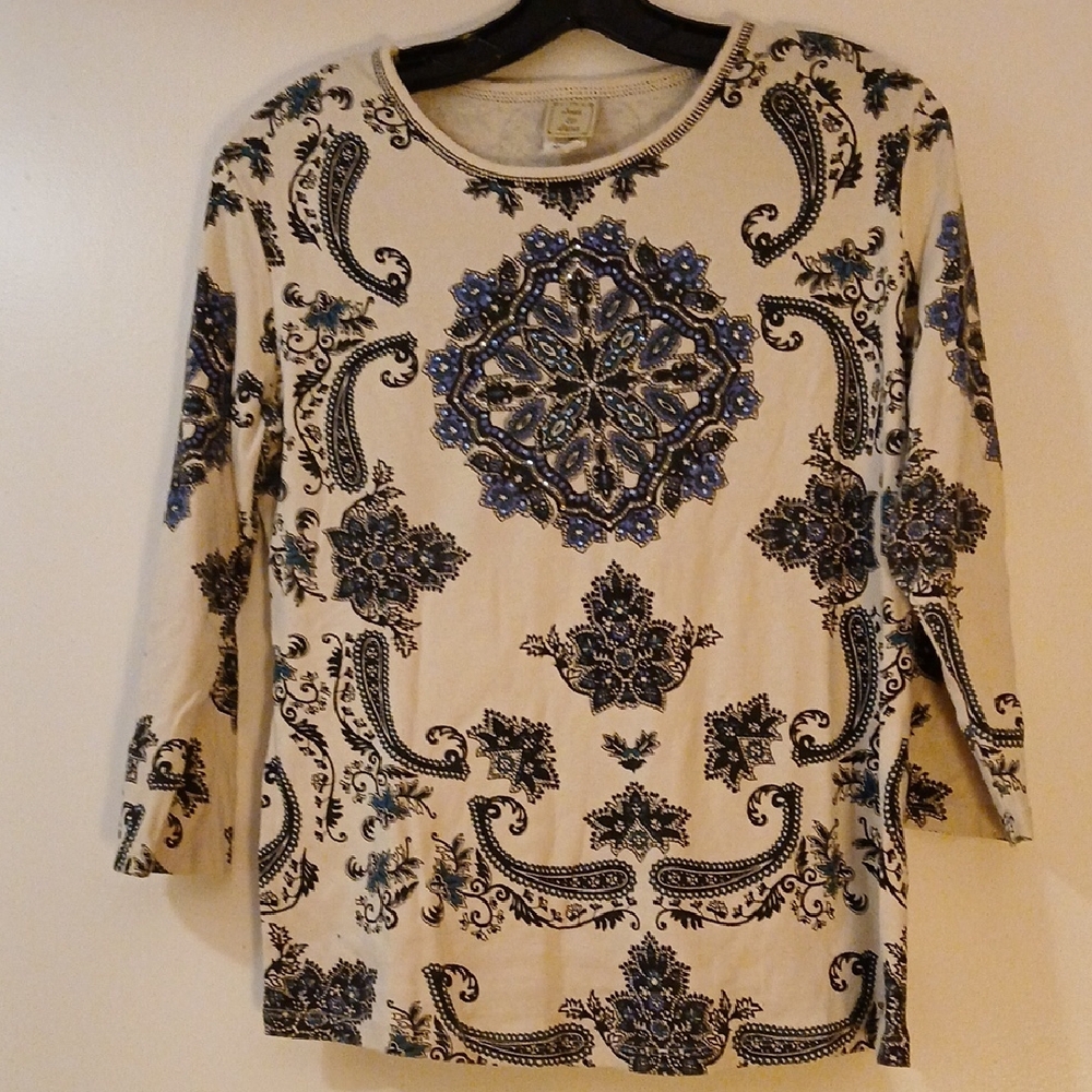 Chic Cream and Blue Paisley Long Sleeve Top